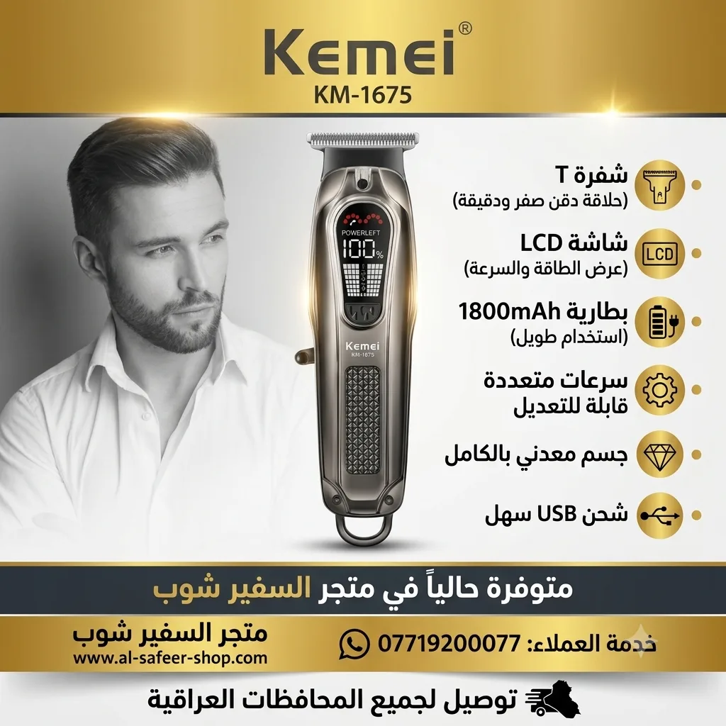 ماكنة KEMEI KM-1675 قوية لقص الشعر قابلة للشحن مع شاشة LED